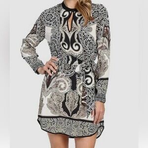 Hale Bob Women Ivory High-Neck Long-Sleeve Keyhole Fit & Flare Mini Dress S